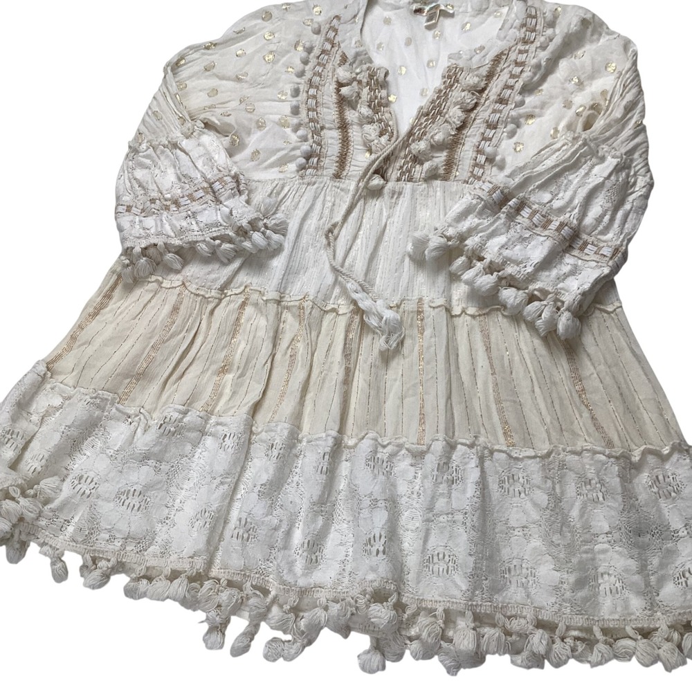 Rise & Blossom Gold Dot Tiered Tassel Pom‎ Pom V-Neck Tunic Dress S/P CH - Picture 9 of 14